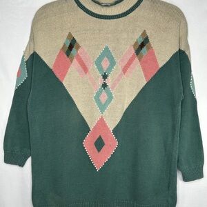 Vintage Maggie Lawrence Diamond Patterned Cowl Neck Sweater Cream Pink Sz  18/20